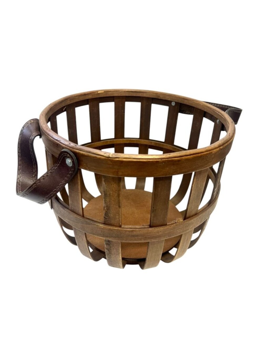 Place & Time Wood Slat Basket w/ Faux Leather Handles